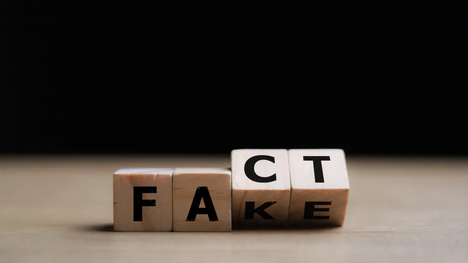 Vier Würfel, die Fact und Fake zeigen.